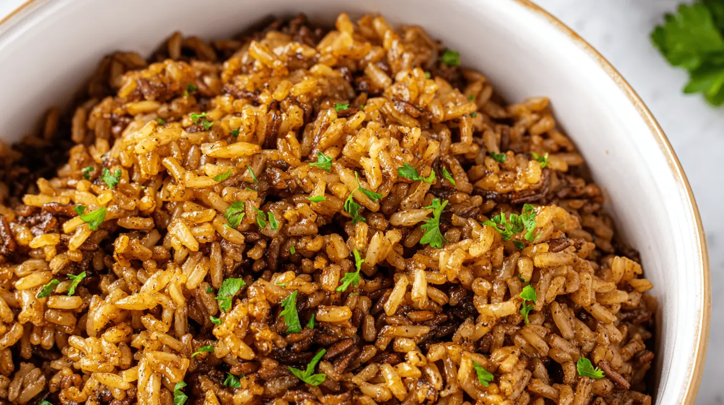 Popeyes Cajun Rice Copycat: 10 Minute Meal Idea 1 Close-up of a homemade version of Popeyes Cajun rice, featuring savory spices.