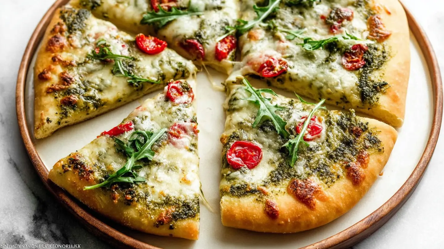 Close-up of a homemade pesto pizza topped with fresh basil.
