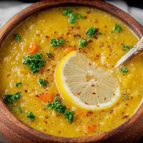 A steaming bowl of lemon lentil soup with fresh herbs