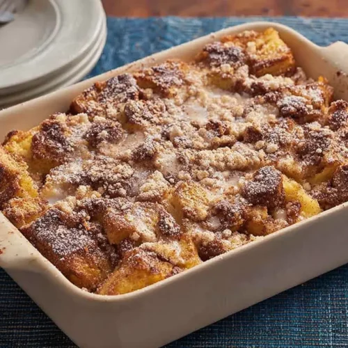 Overnight French Toast Casserole ready for baking in a glass dish.