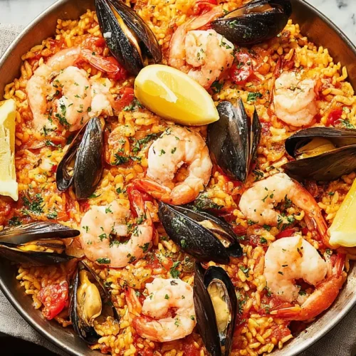 A vibrant dish of paella with seafood, showcasing mussels, prawns, and rice.
