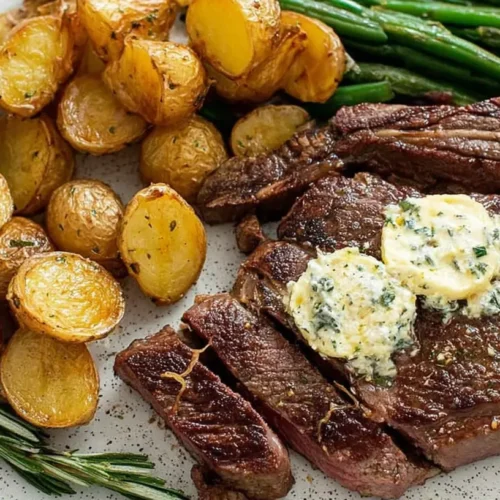 Pan Seared Steak with Garlic Butter: Is It Your #1 Favorite? 2 A perfectly pan seared steak with garlic butter, sliced and garnished on a white plate.
