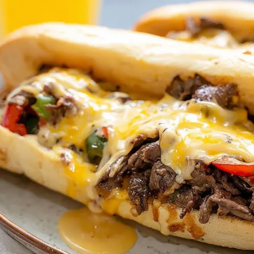A freshly made Philly cheesesteak with melted cheese and thinly sliced steak