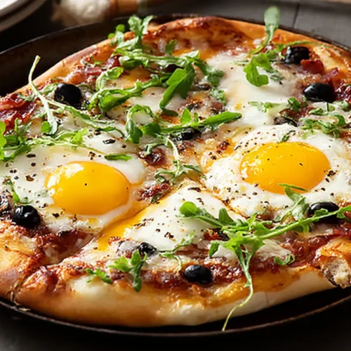 A close-up of delicious pizza eggs, with melted cheese and herbs.