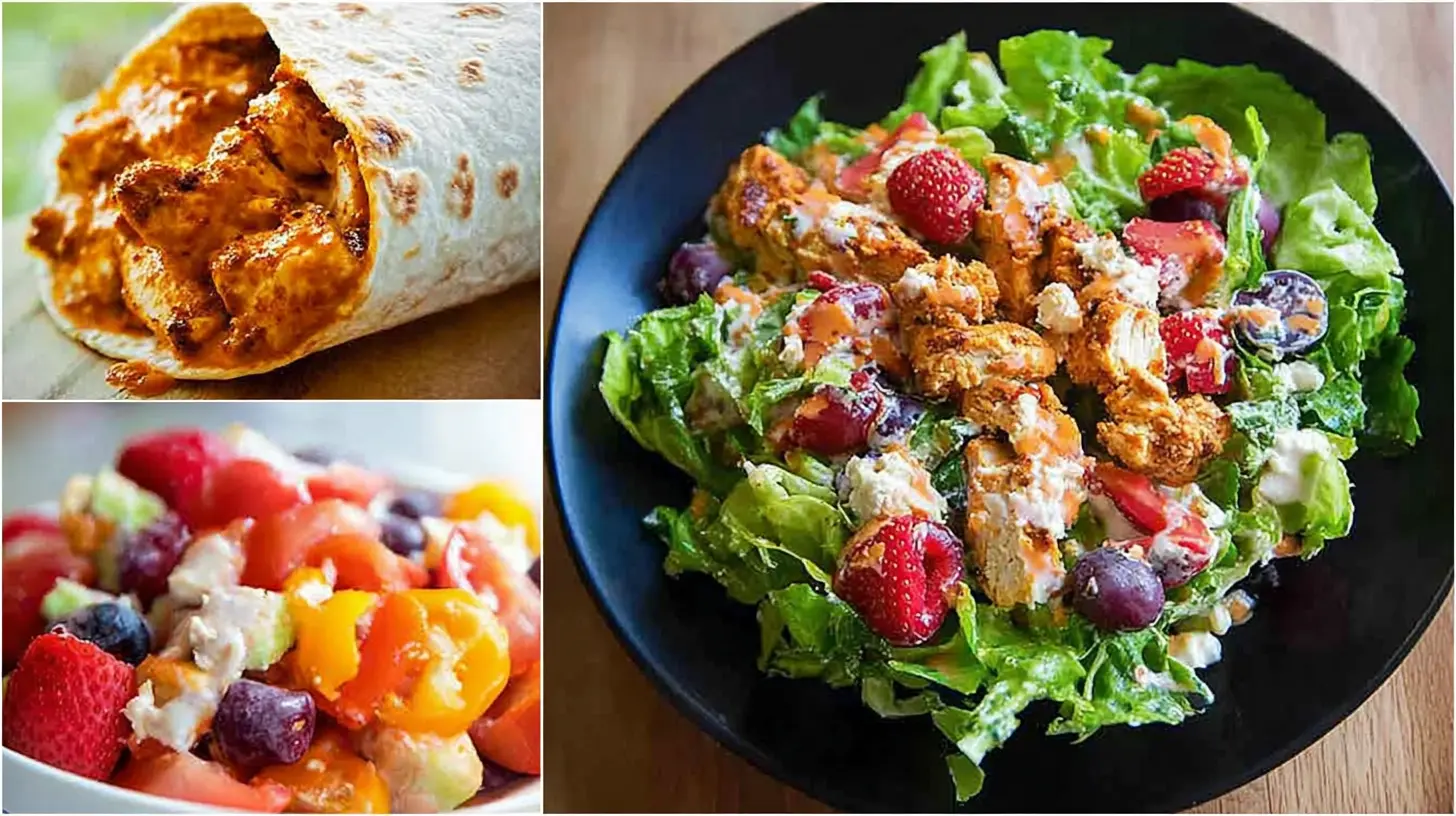 Various quick lunch recipes arranged appealingly on a table.