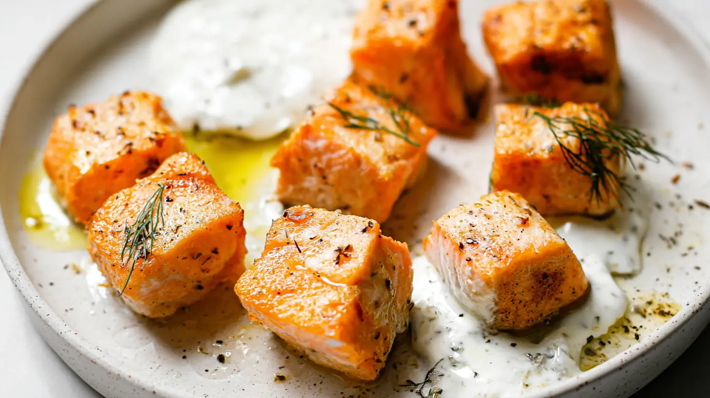 Delicious salmon bites with a crispy skin, ready to serve