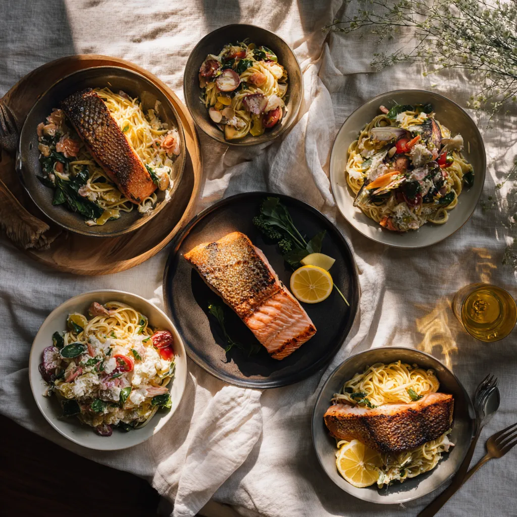 Overhead view of a cozy dinner table with grilled salmon fillet creamy salmon pasta salmon tacos and salmon rice bowl on a rustic wooden table with warm natural light