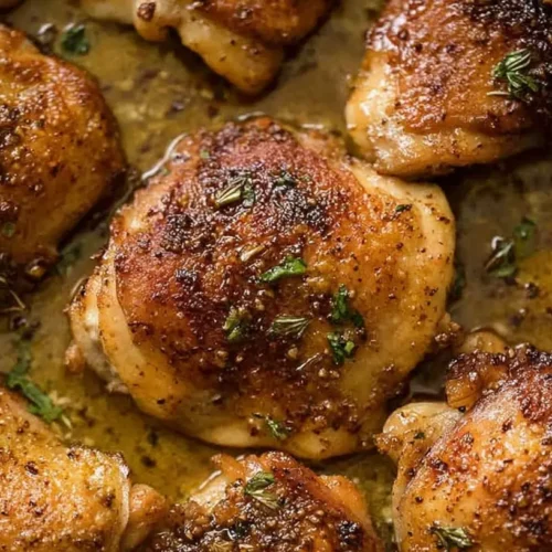 A collection of savory chicken thigh recipes displayed on a rustic wooden table.