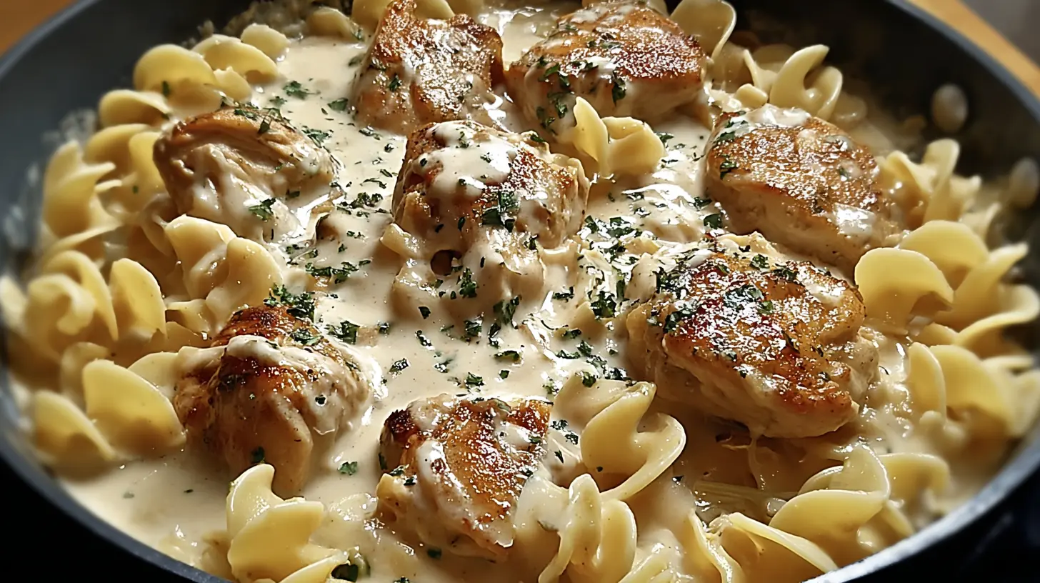 Delicious chicken and buttered noodles in a bowl.