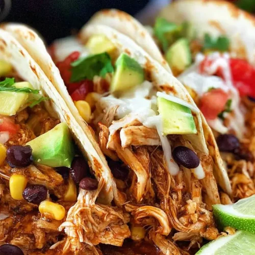 A serving of slow-cooked chicken tacos made in a crockpot, topped with fresh ingredients.