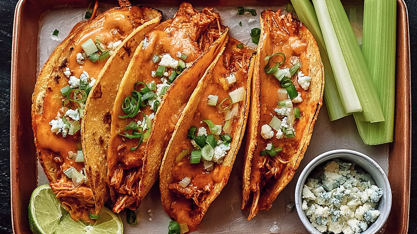 Buffalo Chicken Tacos: How to Make 8 Amazing Ones 1 Two buffalo chicken tacos filled with slaw and sauce