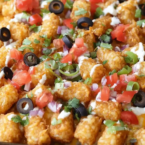 A generous platter of tater tot nachos piled high with toppings.
