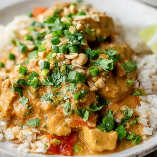 Thai Peanut Chicken: The #1 Dinner Solution! 2 A plate of Thai Peanut Chicken with a rich sauce