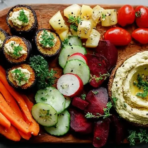 Vegan Savory Appetizers: Best 4 Game Day Treats 2 A variety of artfully arranged vegan savory appetizers on a platter.