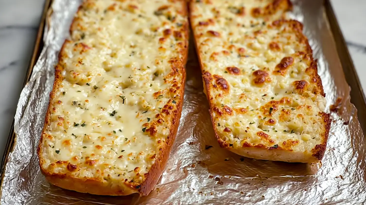 Freshly baked cheesy garlic bread, hot and bubbling, topped with parsley