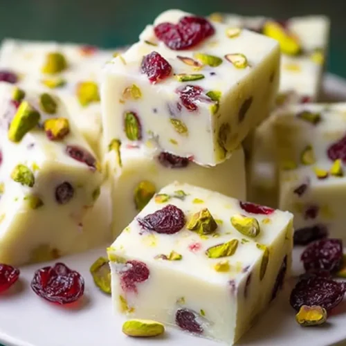 A block of delicious white chocolate cranberry fudge