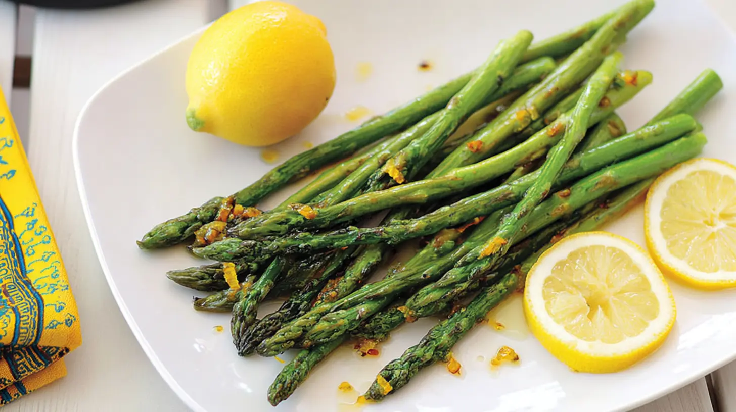 Crisp lemony asparagus spears garnished with fresh lemon zest.