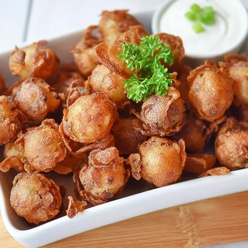 A close-up of crispy baby bloomin' onions with a dipping sauce.