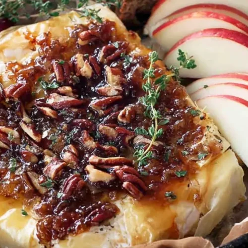 A round of baked brie cheese topped with sweet fig jam, ready to serve