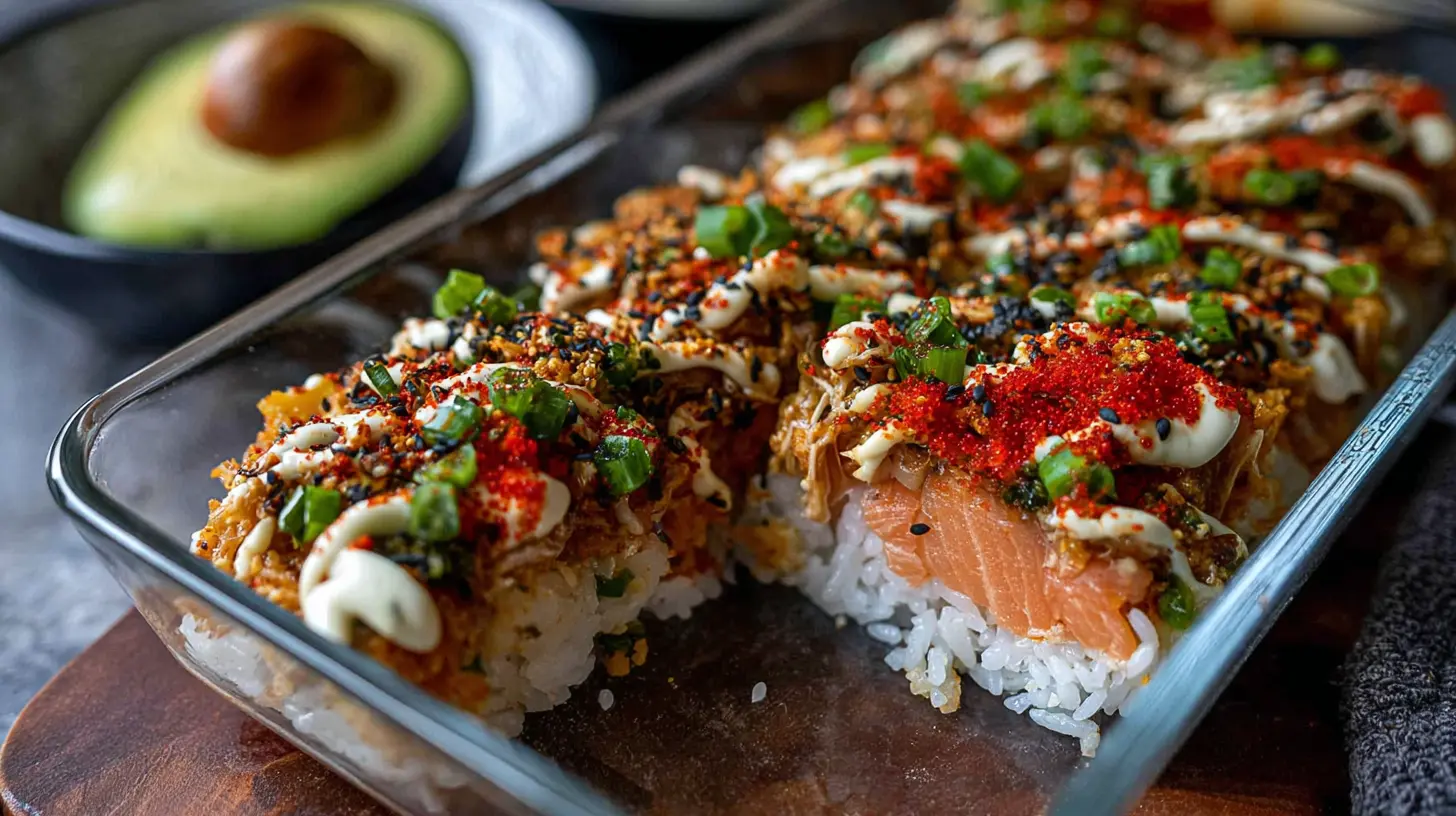 Spicy Salmon Sushi Bake: My Top 3 Secrets 1 Oven-baked spicy salmon sushi with a creamy topping