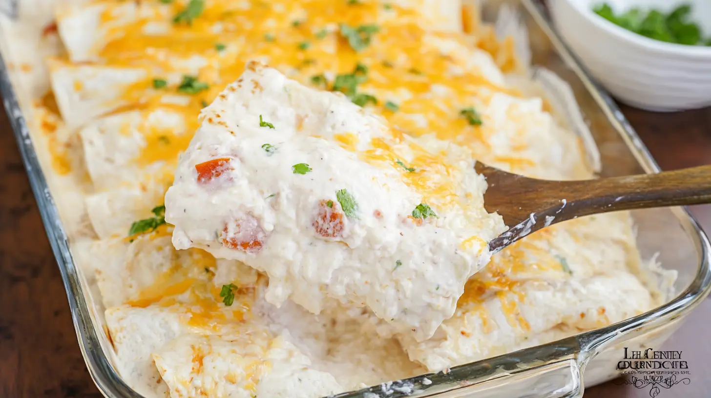 Creamy White Chicken Enchiladas: How I Make 1 Dish 1 Close-up of golden-brown creamy white chicken enchiladas, bubbling from the oven, garnished with herbs.