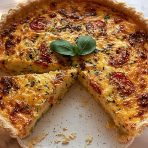 A savory Best Christmas Quiche with a golden-brown crust, filled with festive ingredients.
