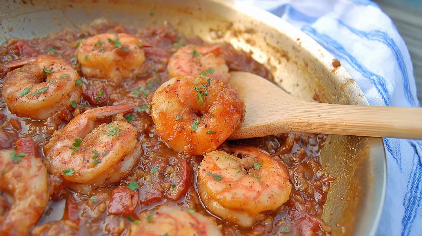 Close-up of voodoo shrimp, heavily sauced and garnished