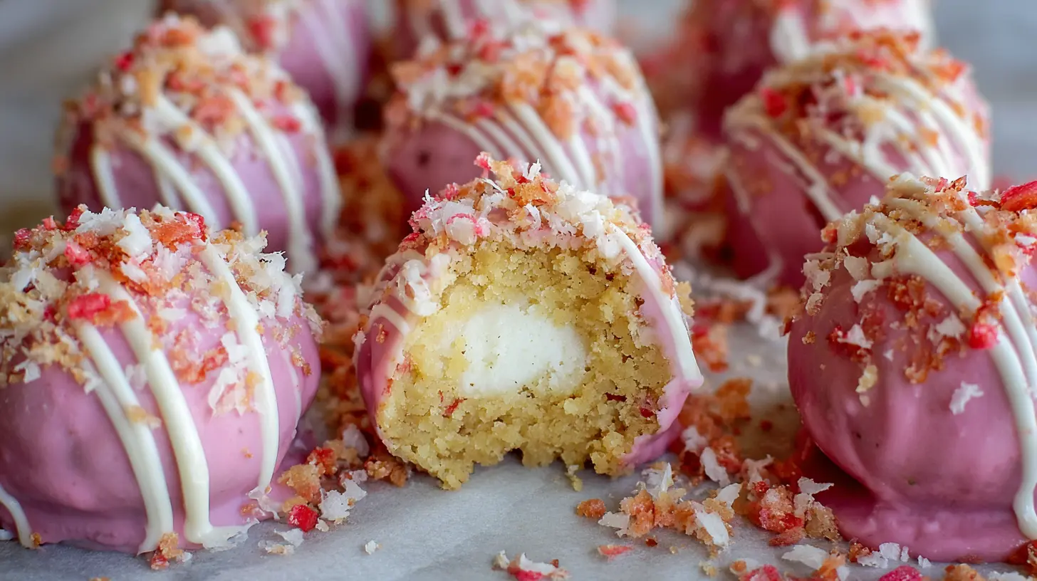 Strawberry Cheesecake Truffle Balls: My 1 Favorite Dessert! 1 Individual strawberry cheesecake truffle balls on a silver tray