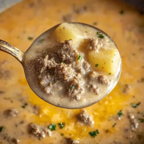 Cheesy Beef and Potato Soup: 6 Ways to Elevate Your Meal 2 A steaming bowl of cheesy beef and potato soup garnished with fresh herbs