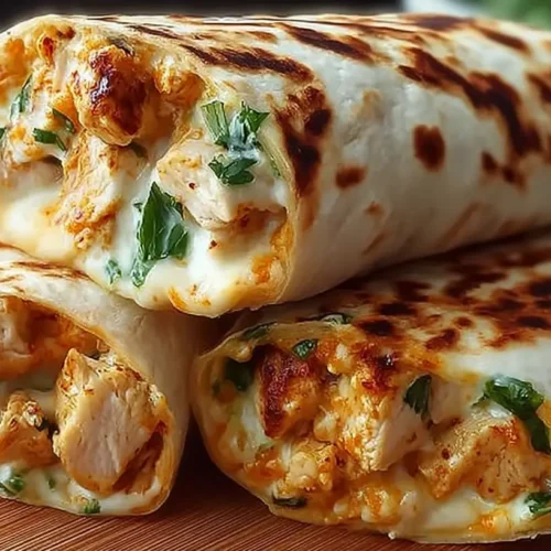 A close-up of a cheesy chicken garlic wrap, freshly made.