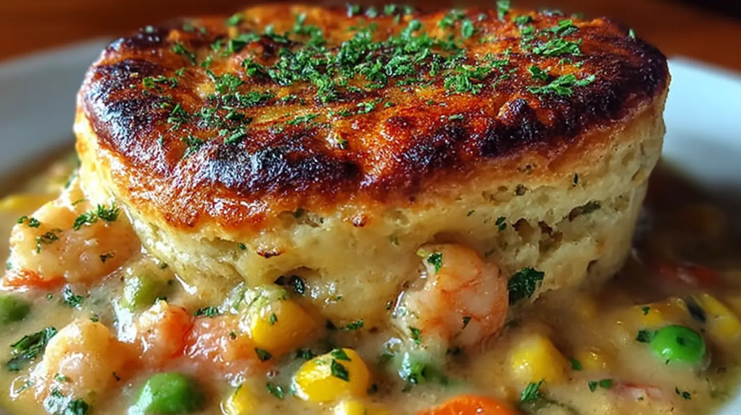 Shrimp & Lobster Cheddar Bay Biscuit Pot Pie: 3 Easy Steps 1 Close-up of a bubbling Shrimp & Lobster Cheddar Bay Biscuit Pot Pie, showing succulent shrimp and lobster.