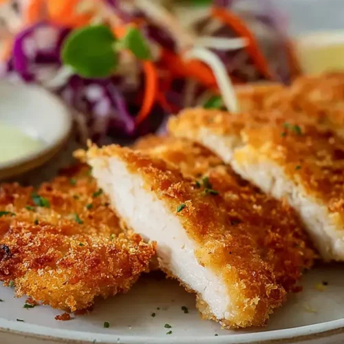 A perfectly breaded and fried chicken schnitzel with a crispy golden crust