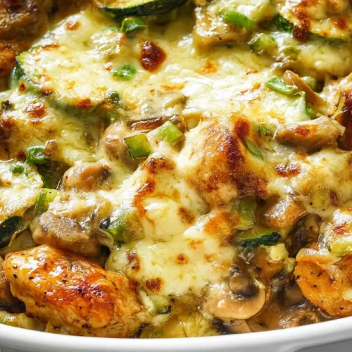A delicious chicken zucchini bake, freshly cooked.
