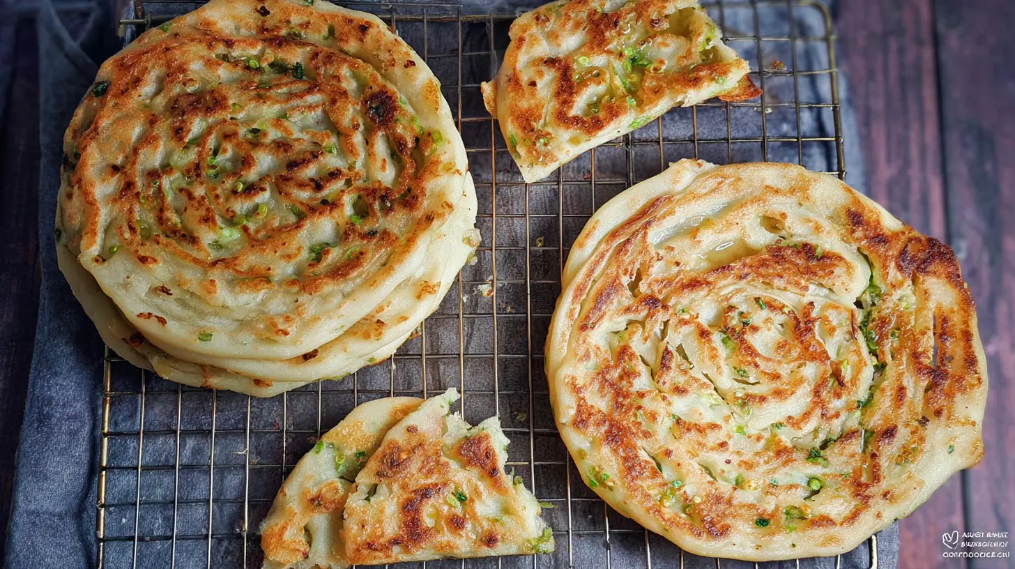 Crispy Chinese Scallion Pancakes (Cong You Bing): 5 Easy Steps 1 Several thin and flaky crispy Cong You Bing stacked on a plate.