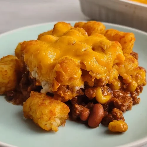 A cozy homemade Chili Cheese Tater Tot Casserole bubbling hot from the oven