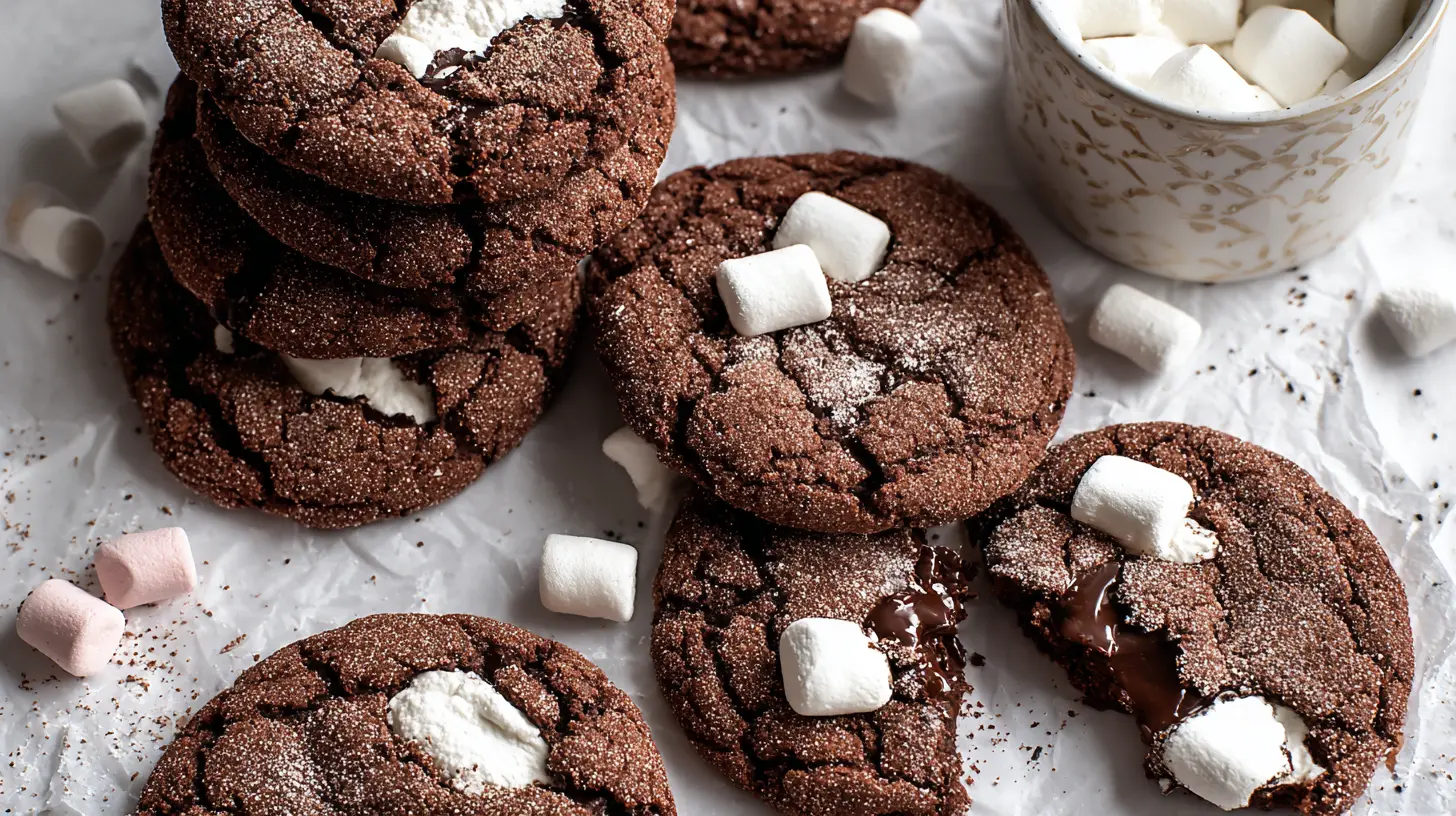 Delicious hot chocolate cookies topped with melted marshmallows