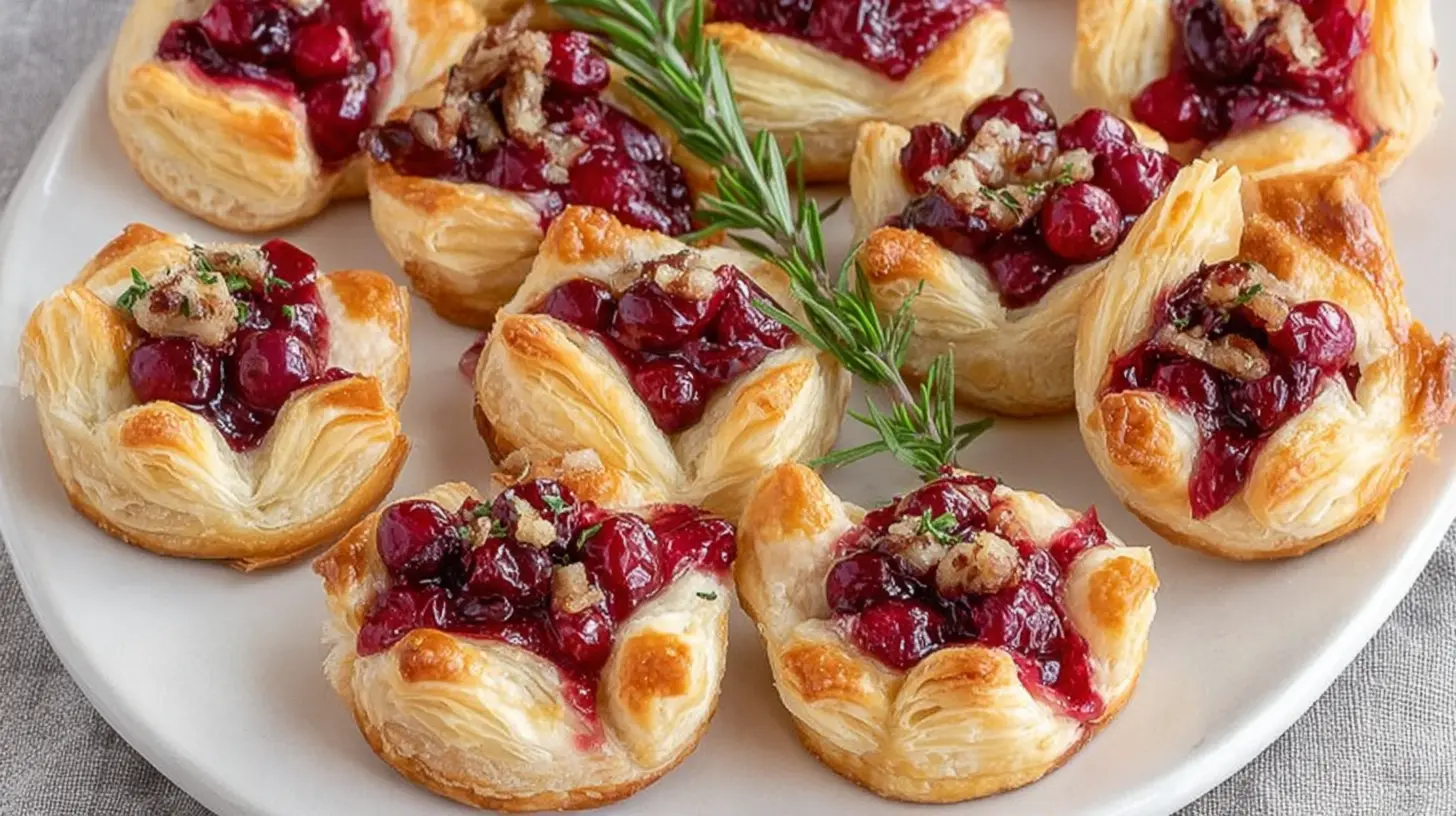 Various cranberry brie bites arranged on a serving platter