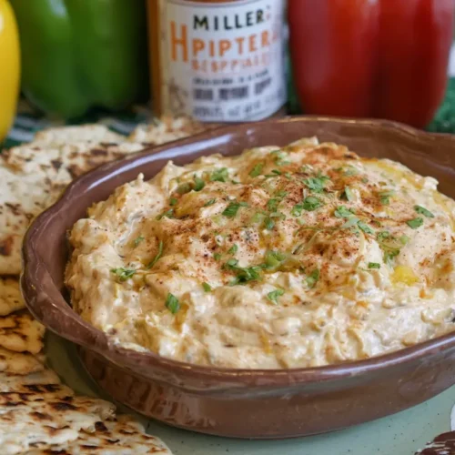 Creamy Banana Pepper Chicken Dip: Why It's the 1 Best Appetizer 2 A serving of creamy banana pepper chicken dip in a rustic bowl, garnished with fresh herbs.