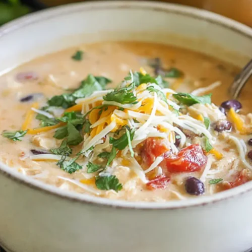 A steaming bowl of creamy chicken tortilla soup garnished with fresh cilantro and tortilla strips.
