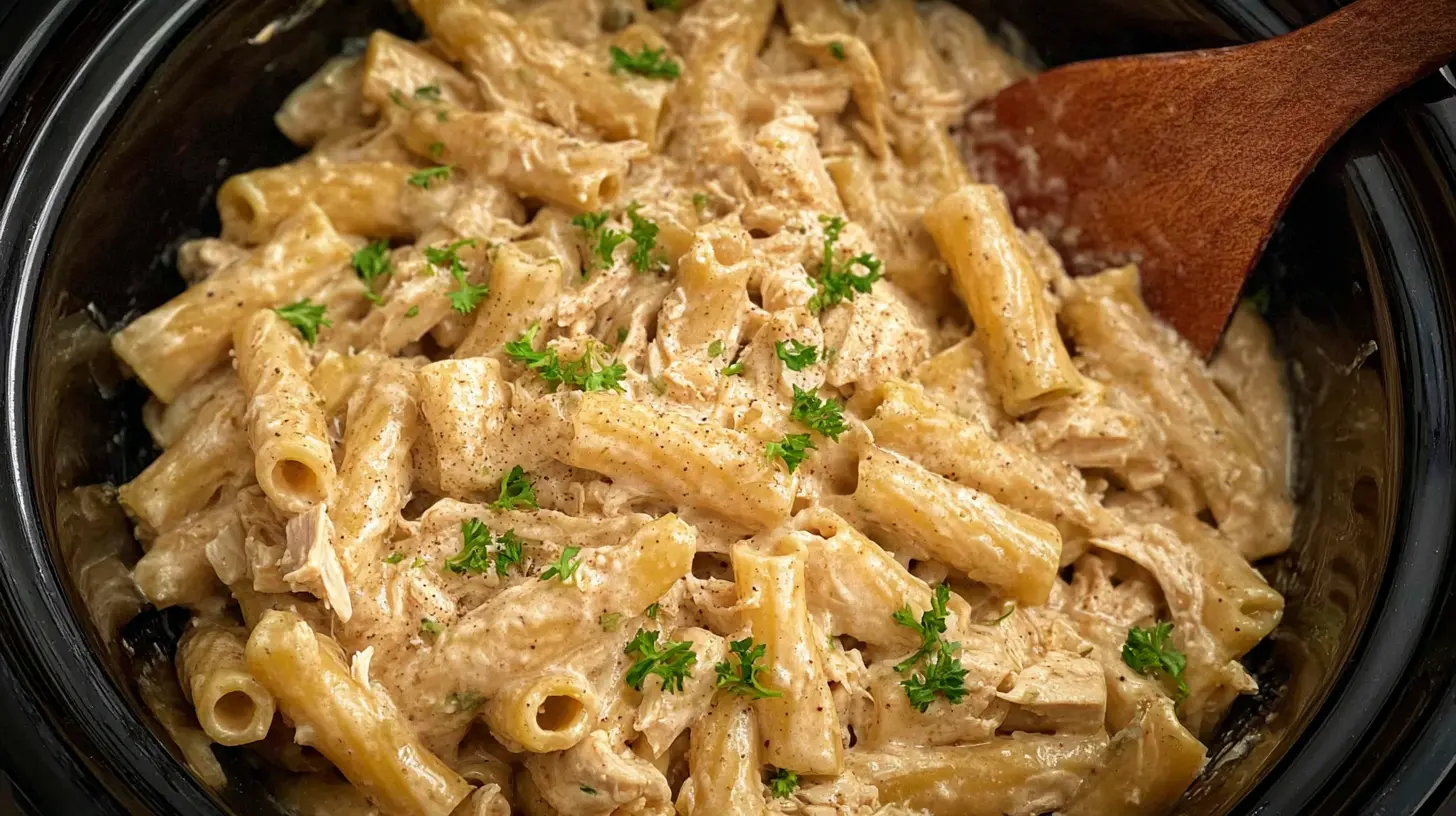 Crockpot Garlic Parmesan Chicken Pasta Recipe: How 1 1 Close-up of Crockpot Garlic Parmesan Chicken Pasta garnished with fresh parsley.