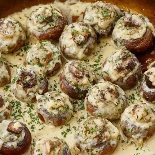 Close-up of creamy garlic and herb cheese filled roasted mushrooms, cooked to perfection.