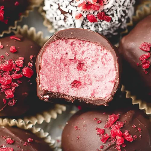 Creamy Raspberry Truffles: 1 Easy Recipe 2 A close-up of creamy raspberry truffles, dusted with cocoa.