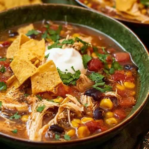 Crockpot Chicken Tortilla Soup: The Best 3 Ways 2 A steaming bowl of Crockpot Chicken Tortilla Soup with fresh toppings