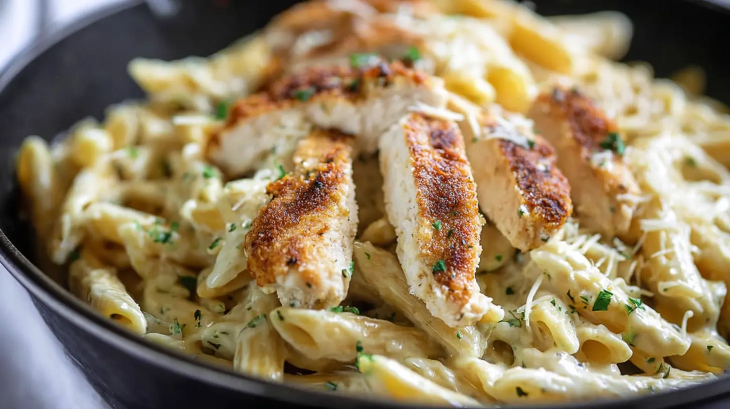Delicious creamy parmesan chicken pasta topped with fresh herbs.