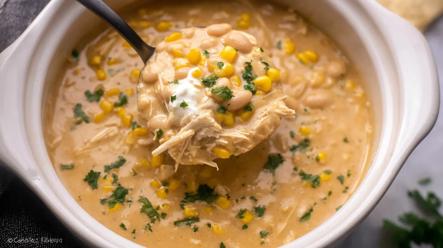 Crock Pot White Chicken Chili: In 2 Simple Steps 1 White chicken chili cooked in a slow cooker, ready to serve