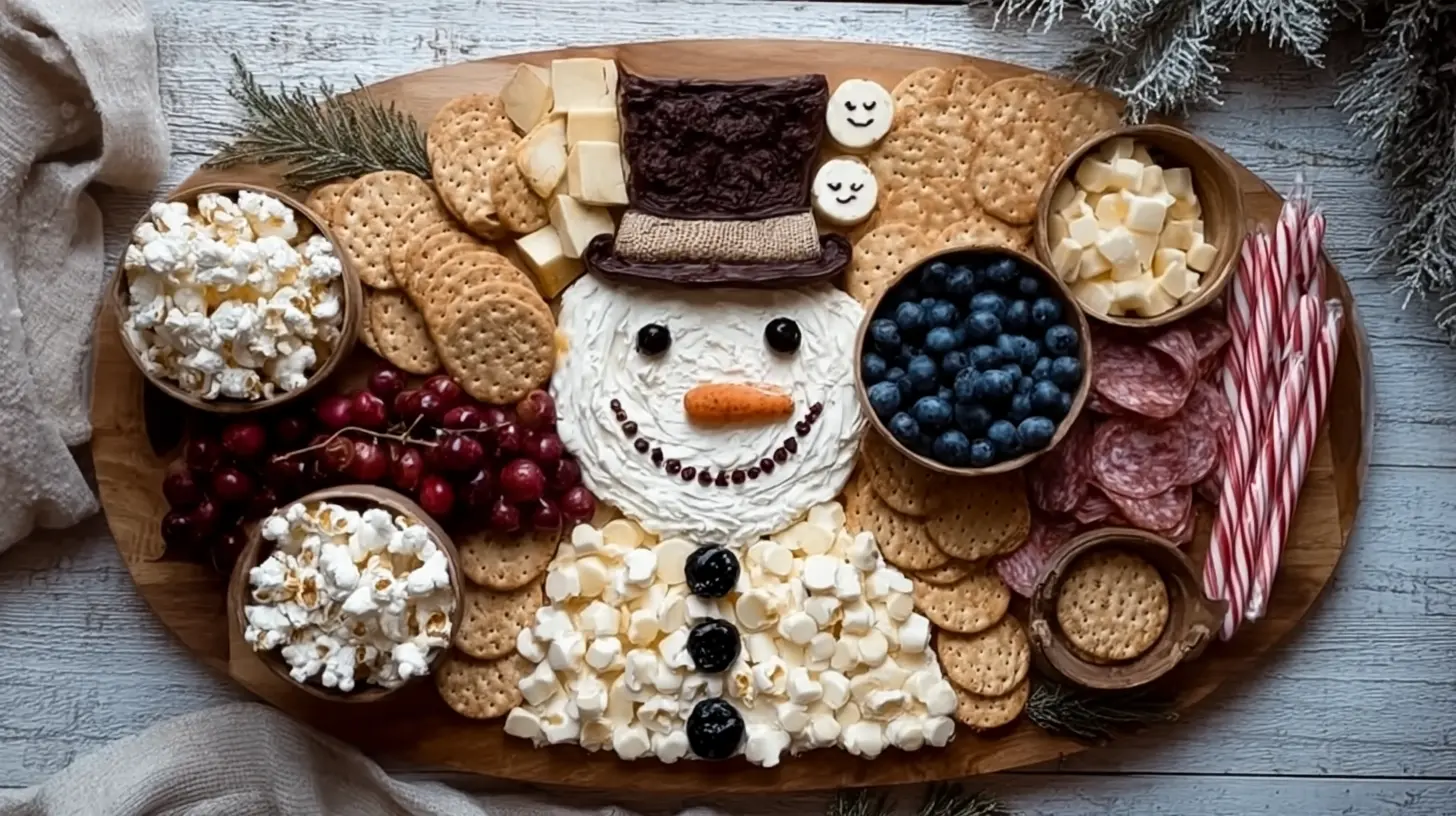Charcuterie Board Shaped Like a Snowman: 3 DIY Steps 1 Festive charcuterie display in the form of a snowman, featuring an assortment of snacks.
