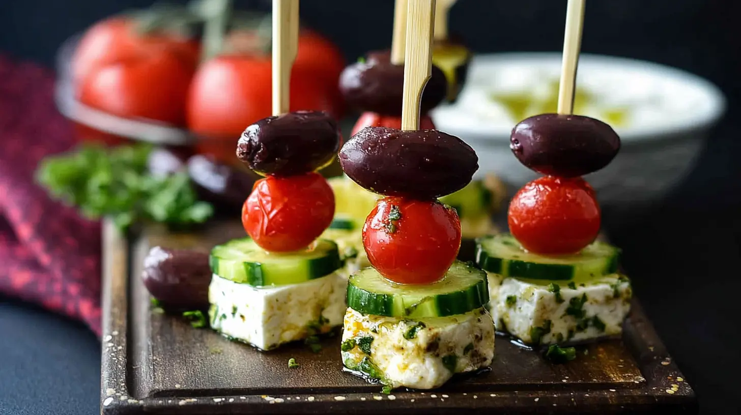 Feta Skewers with Cucumber: 8 Simple Steps 1 Appetizing feta and cucumber skewers arranged on a platter.
