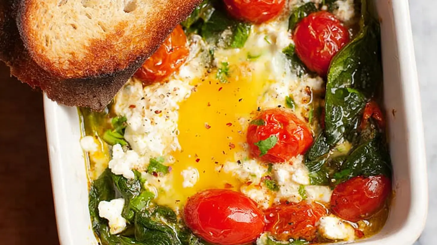 A baking dish filled with baked feta eggs, juicy tomatoes, and leafy spinach.