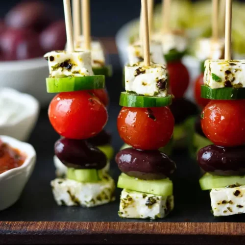Feta Skewers with Cucumber: 8 Simple Steps 2 Close-up of fresh feta skewers with cucumber and olives.