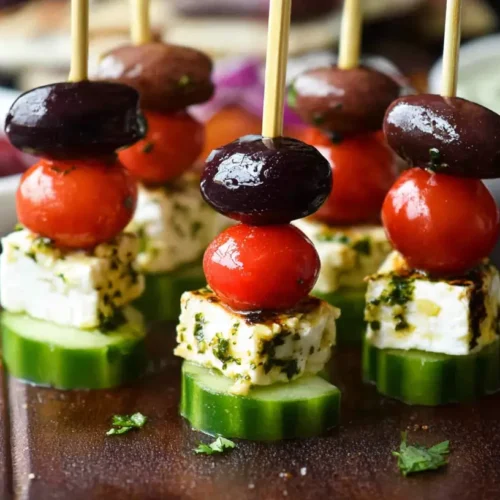 Feta skewers with cucumber and cherry tomatoes arranged on a platter